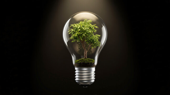Green tree growing inside glass lightbulb symbolizing sustainable innovation renewable energy and eco future