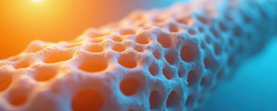 Macro view of human trabecular bone structure showing honeycomb porous texture. Internal organic skeleton tissue cells display fragile biological condition under orange blue gradient light. Medical
