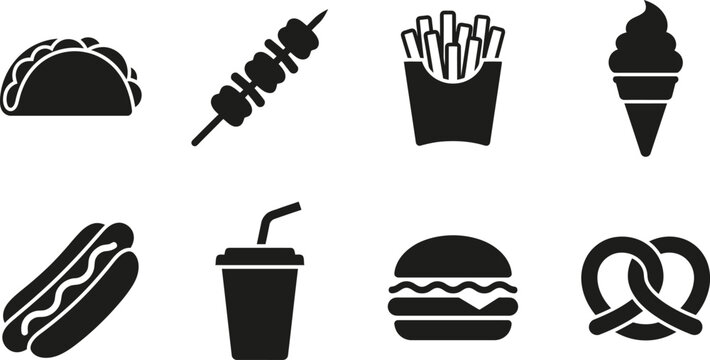 Fast food icons set tacos hot dogs burgers and sweet treats