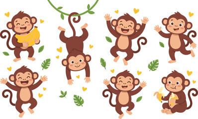 Cute cartoon monkey character set hanging on liana vine holding and eating banana jumping and dancing isolated on white background jungle animal vector