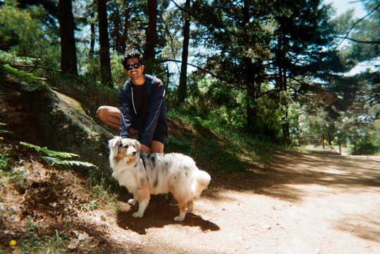 Man with Dog on Sunny Forest Path