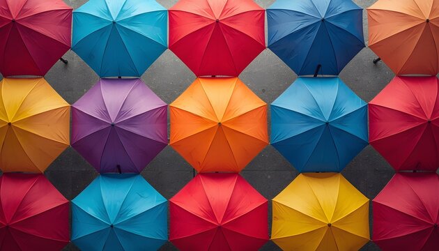 Colorful Umbrellas Top View Pattern, Rain and Diversity Concept