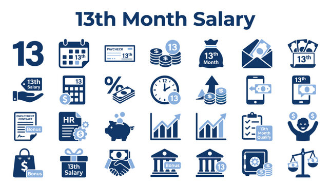 Set of 13th month salary icons representing financial bonus and annual payment concepts