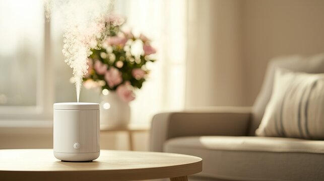 Personalized scent dispenser integrated into a smart home, subtle mist, customizable fragrance, sensory experience