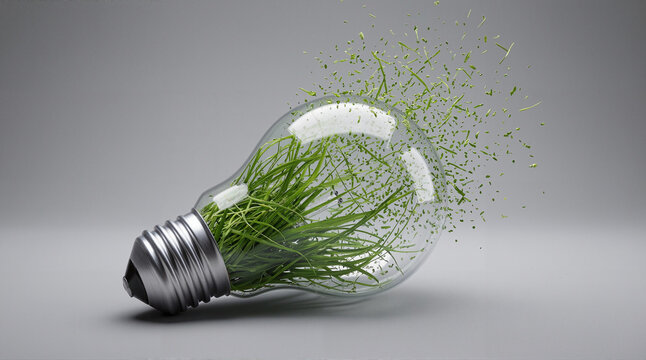 Grass filled lightbulb dissolving into particles representing renewable energy transformation and sustainability