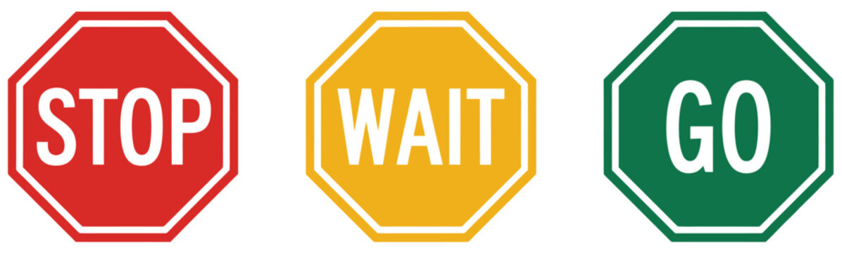 Stop wait and go sign featuring traffic signal symbols for road safety driving rules pedestrian crossing and transportation, vector design.