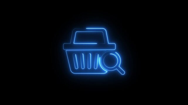 Neon shopping basket icon with magnifying glass symbol appearing on black screen background.