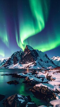 Northern Lights dance over snowy peaks and water