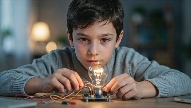 Young boy examining a glowing light bulb connected to electronic circuitry
