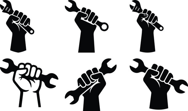 A raised fist holding a wrench on labor day bundle silhouette icon vector art illustration
