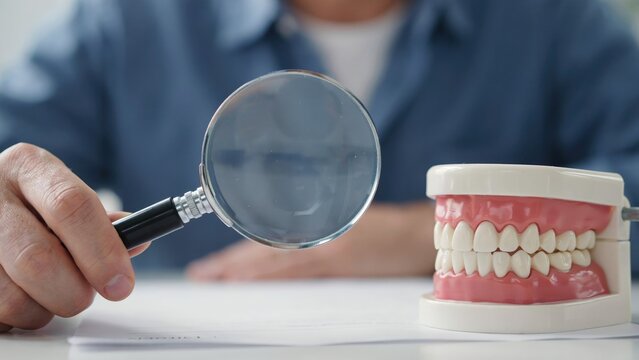 Person holding magnifying glass next to a dental model of teeth