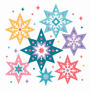 Bright, stylized snowflakes in pastel hues dominate the frame. Each shape varies in design, size, and intricate patterns. Tiny dots and sparkles float around, adding festive charm