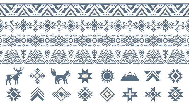 Ethnic Decorative Elements: A collection of stylized ethnic motifs including geometric patterns, animal silhouettes like a deer and fox, sun and mountain symbols.