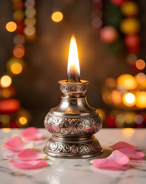 Traditional Engraved Silver Samai Diya with Rose Petals