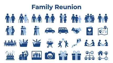 Family reunion icons set featuring diverse generations and festive activities for event planning and social gathering themes © Iconique Studio
