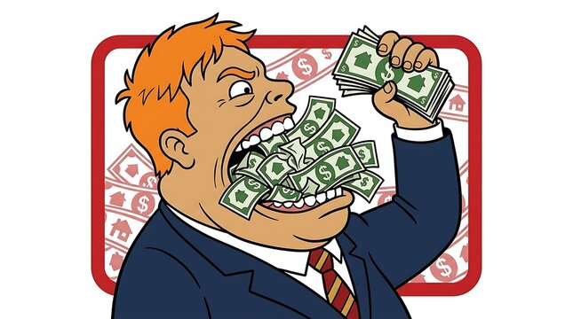 Greedy businessman eating cash representing real estate profit
