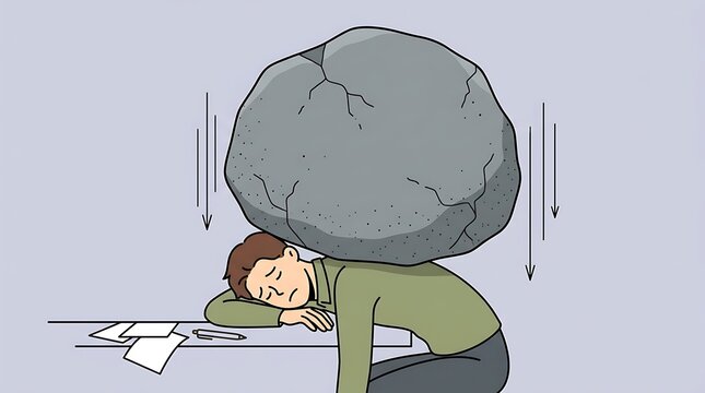 Exhausted man struggling under a massive boulder representing burnout