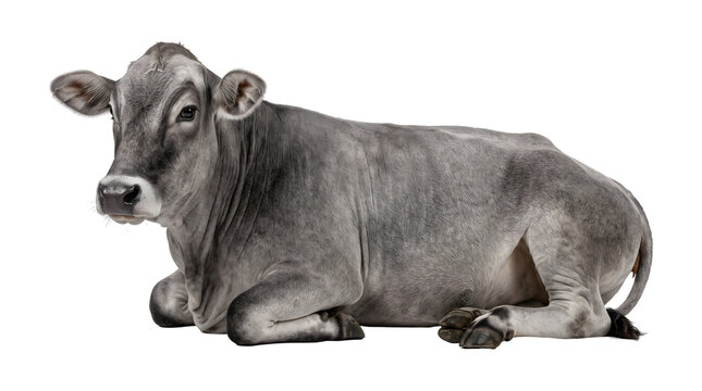 Gray dairy cow resting comfortably on the ground in a full side profile view is shown as a PNG isolated on a transparent background