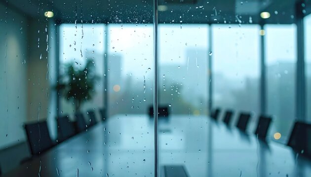 Meeting room table seen through a rainy window.