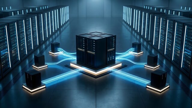 Cloud computing data center infrastructure featuring central server hub processing big data through glowing blue fiber optic network connections.
