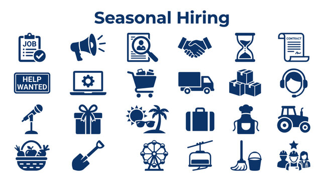 Seasonal hiring and temporary job opportunities collection with diverse employment industry icons set