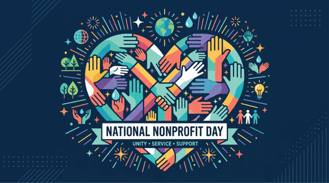 National Nonprofit Day vector illustration, diverse hands forming a heart shape, unity service and support concept for charity and community