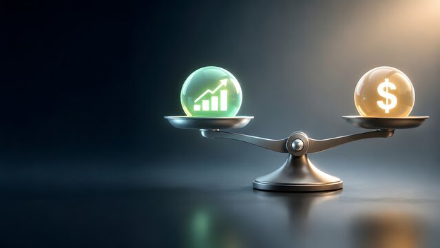 Financial balance investment strategy concept showing silver scale weighing glowing green growth chart against golden dollar sign sphere.