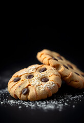 Fototapeta premium Close-up of two chocolate chip cookies with powdered sugar