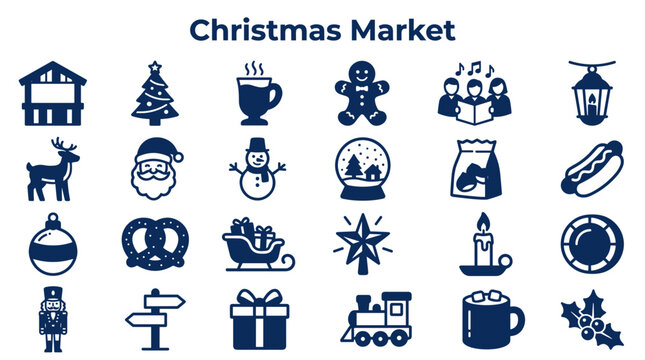 Set of Christmas market icons featuring holiday symbols like gingerbread man tree ornaments and festive food items for winter seasonal events