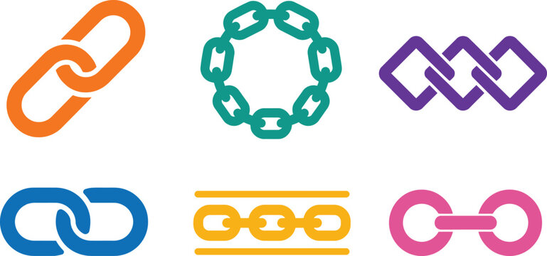 Colorful chain link icon set with interconnected shapes for web navigation and digital interfaces