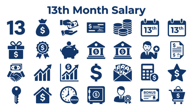 Set of 13th Month Salary and Financial Bonus Icons for Business Compensation and Employee Benefits