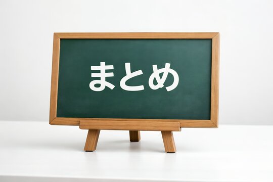 シンプルな白背景のイーゼルに「まとめ」と書かれた黒板