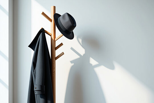 Dark grey coat and black fedora hat on modern wooden coat rack shadows