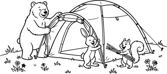 Cute woodland animals setting up a camping tent together.