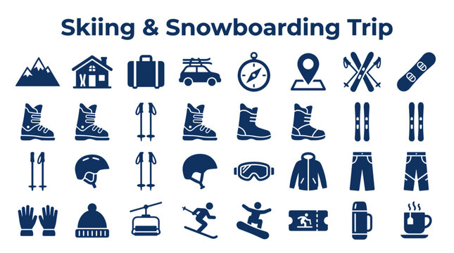 Skiing and snowboarding trip icons set including winter sports equipment gear clothing apparel and travel accessories for mountain vacation activities
