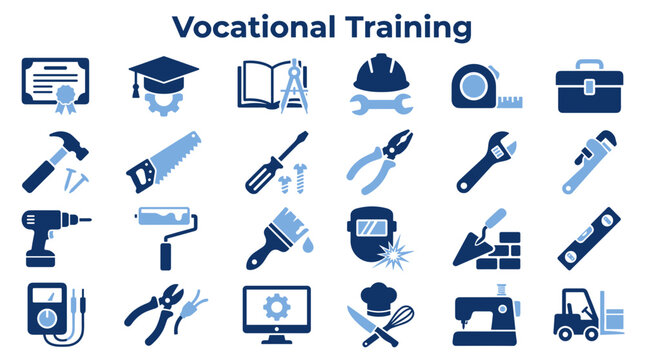 Vocational training and trade skills icon set featuring construction tools education symbols and professional development equipment for technical education