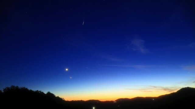 Crescent Moon, planet conjunction and landscape scenery silhouettes. Time-lapse video.