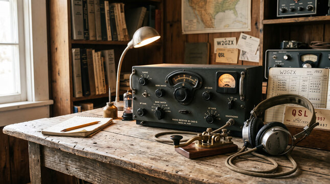 Vintage Ham Radio Station: An old-fashioned shortwave radio transmitter, headphones, and Morse code key sit on a rustic wooden desk, evoking a sense of nostalgia and amateur radio history.