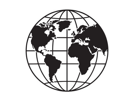 Black silhouette of earth globe with continental landmasses and grid lines