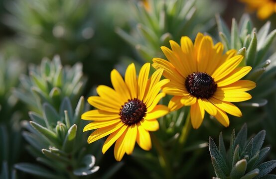 Two yellow wildflowers bloom near green succulent plants. Sunlit petals glow with bright yellow color. Natural setting shows flora in detail. Perfect for nature themes.