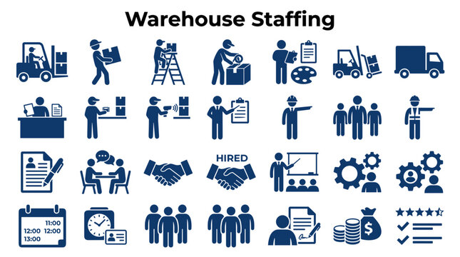 Set of logistics and warehouse staffing icons depicting hiring process recruitment management and supply chain operations for industrial business