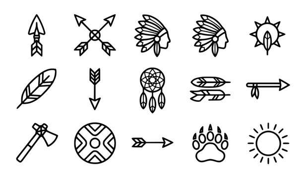 Generic Native American arrows and headdresses vector icon set with simple bold line art classic complete unbranded tribal feather arrow dreamcatcher western clip art black and white