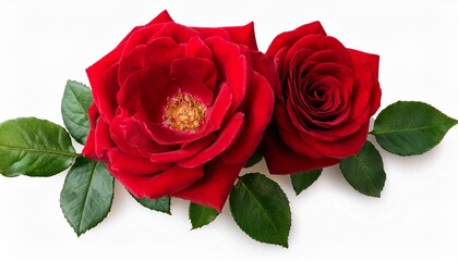 Fototapeta premium Scarlet Red Roses Flowers With Green Leaves Isolated On White