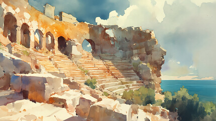 Roman amphitheater ruins watercolor illustration. Ancient architecture overlooking Mediterranean Sea under a dramatic cloudy sky. Historical travel