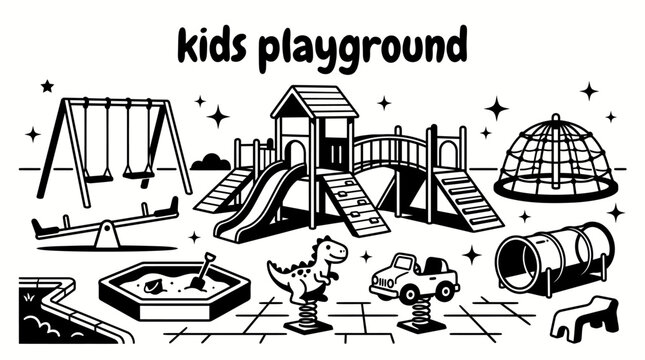 children playground equipment featuring swings slides seesaws climbing frames sandbox spring riders tunnels and outdoor play structures vector set collection parks recreation education and childcare