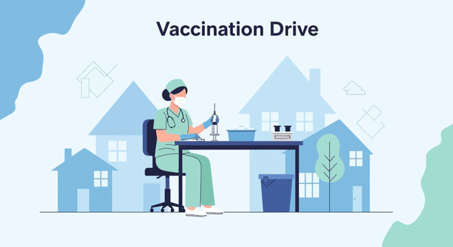 Nurse Preparing Vaccine Syringe at Vaccination Drive Station with Houses Background