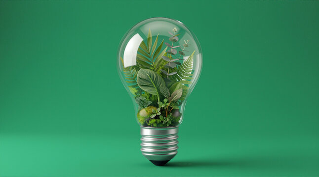 Lush tropical plants growing inside glass lightbulb representing sustainable innovation and green technology