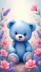 Fototapeta premium Fluffy blue teddy bear sits in field of pink and purple wildflowers. Sweet innocent toy animal surrounded by blooming plants. Perfect for baby shower cards.
