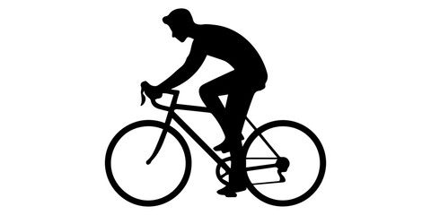 Silhouette of an elderly man riding a bicycle, wearing a cap, on a white background, showcasing dynamic motion and simplicity in design, riding bicycle in a dark striking Icon Minimalist design © Brazandrachandra