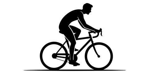 Silhouette of an elderly man riding a bicycle, wearing a cap, on a white background, showcasing dynamic motion and simplicity in design, riding bicycle in a dark striking Icon Minimalist design © Brazandrachandra